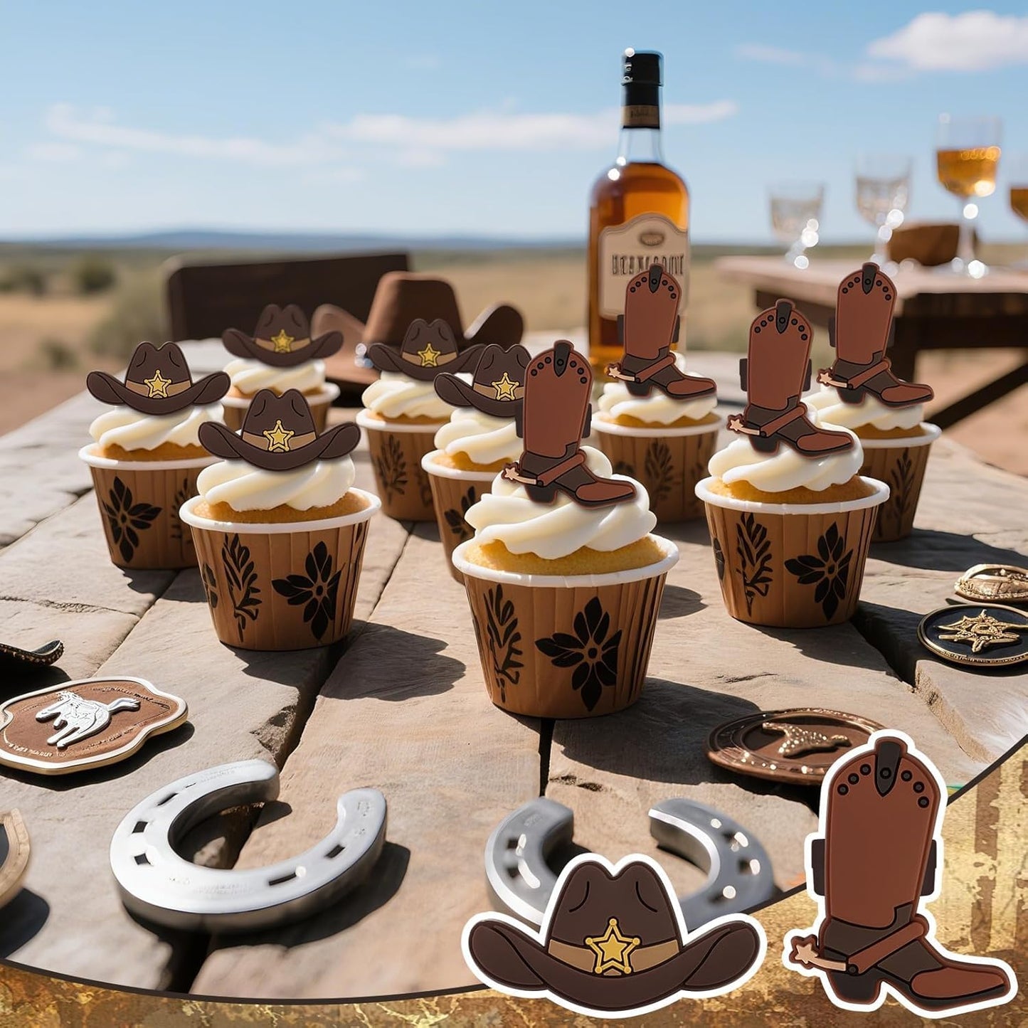 24PCS Cowboy Cupcake Ring Toppers Western Party Hat Boot Cupcake Decorations Rodeo Cupcake Toppers for Western Theme Birthday Party Baby Shower Cake Decorations Supplies