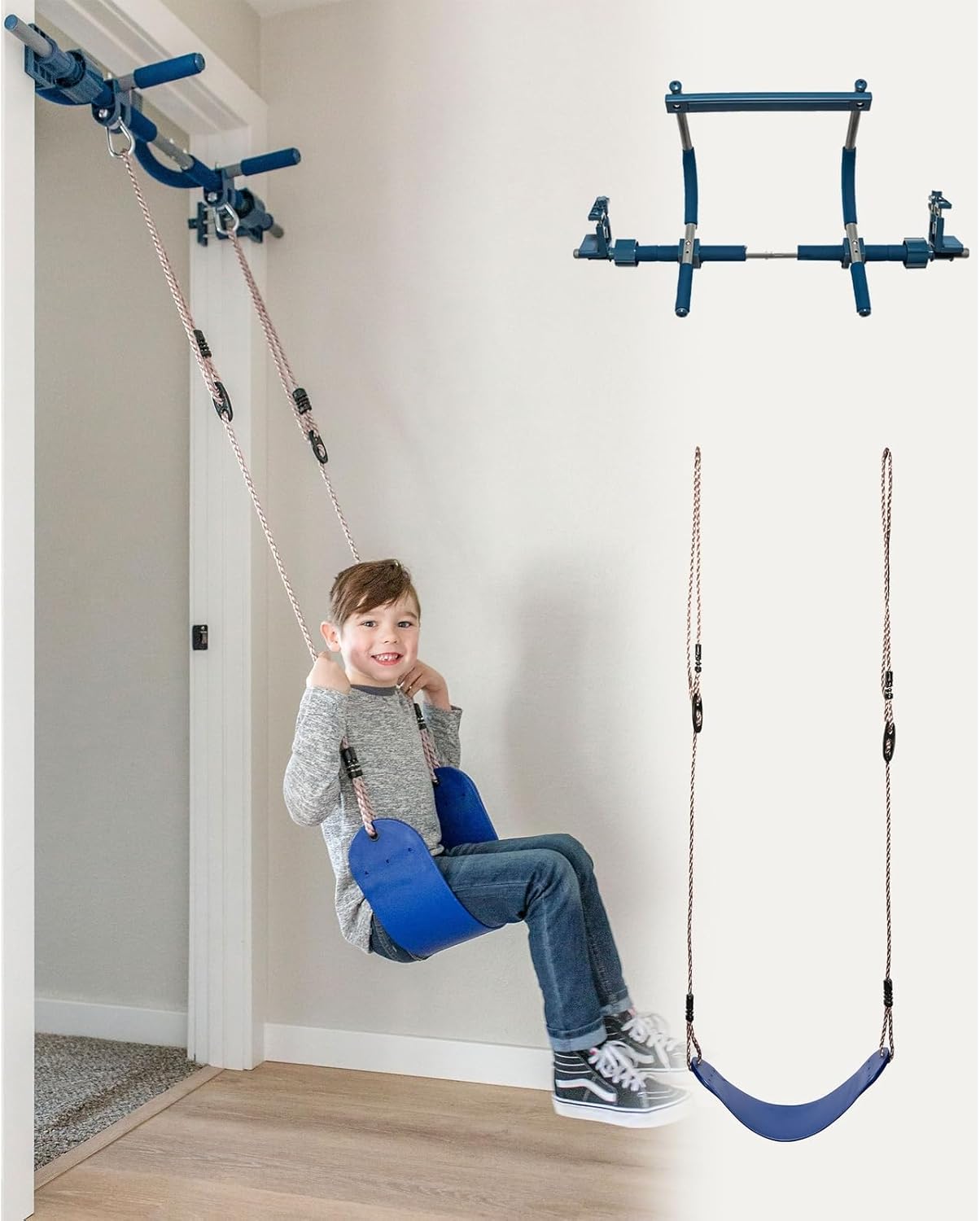 Gym1 Doorway Swing & Pull-Up Bar Gym - Pull-Up Bar Strength Training & Kids Exercise Equipment - Sensory Swing & Rope Ladder Indoor Playset - Indoor Playground for Kids - 2-Piece, Blue