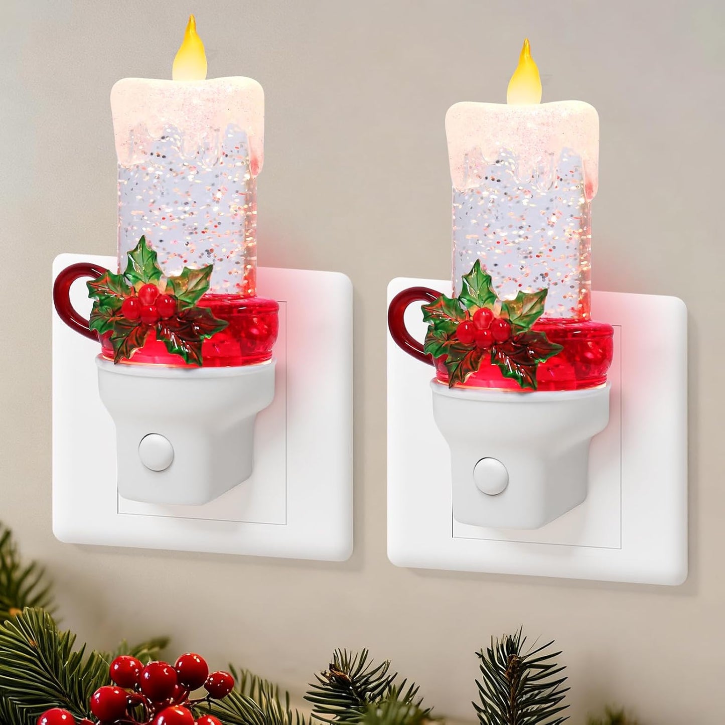 2 Pack Christmas Candle Night Light Plug into Wall Glitter Water Nightlight with USB/Outlet Options, Christmas Decorative Nightlight for Bedroom Kitchen Nursery Holiday Decorations Gifts (Candle)