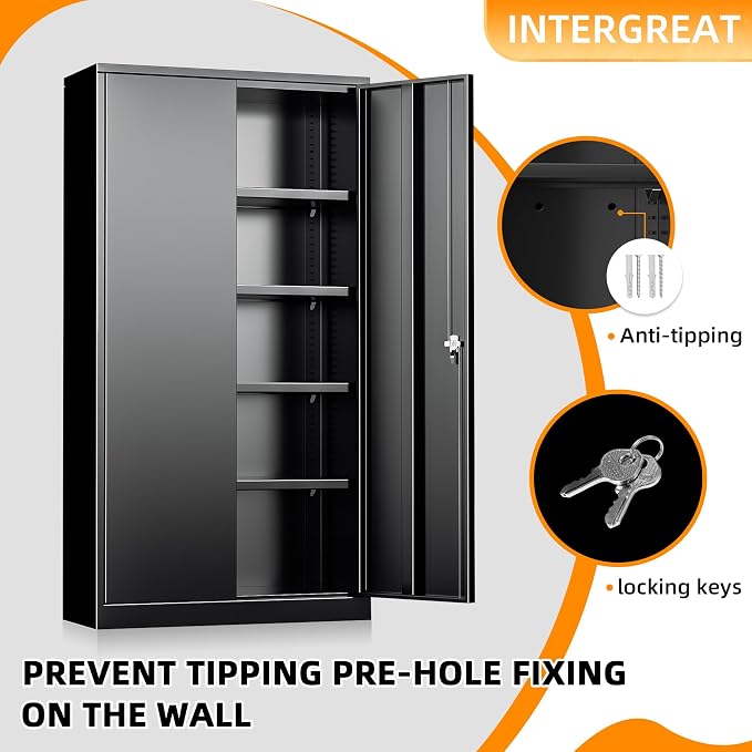 INTERGREAT Black Metal Storage Cabinet Doors, Tall Metal Cabinet Lockable Steel - Image 5