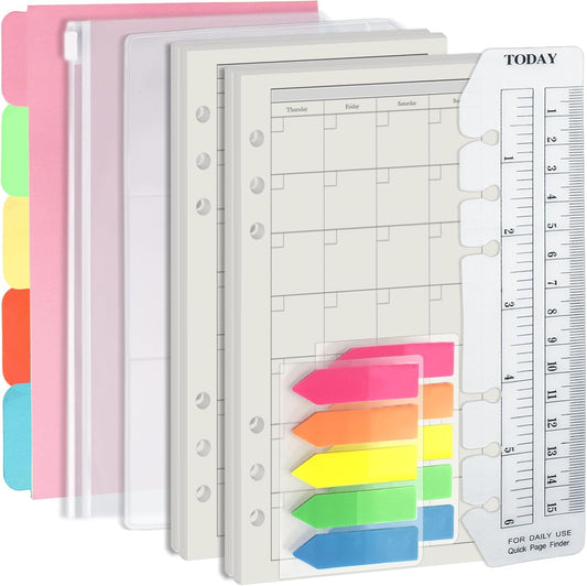 Harphia A6 6 Holes Binder Refill Value Set, 90Sheets Monthly Planner Insert, 5 Sheets Divider Paper, Today ruler With Inch Unit, Translucent Zipper Bag, Pvc Card Bag, 200Pcs Colorful Index Stickers