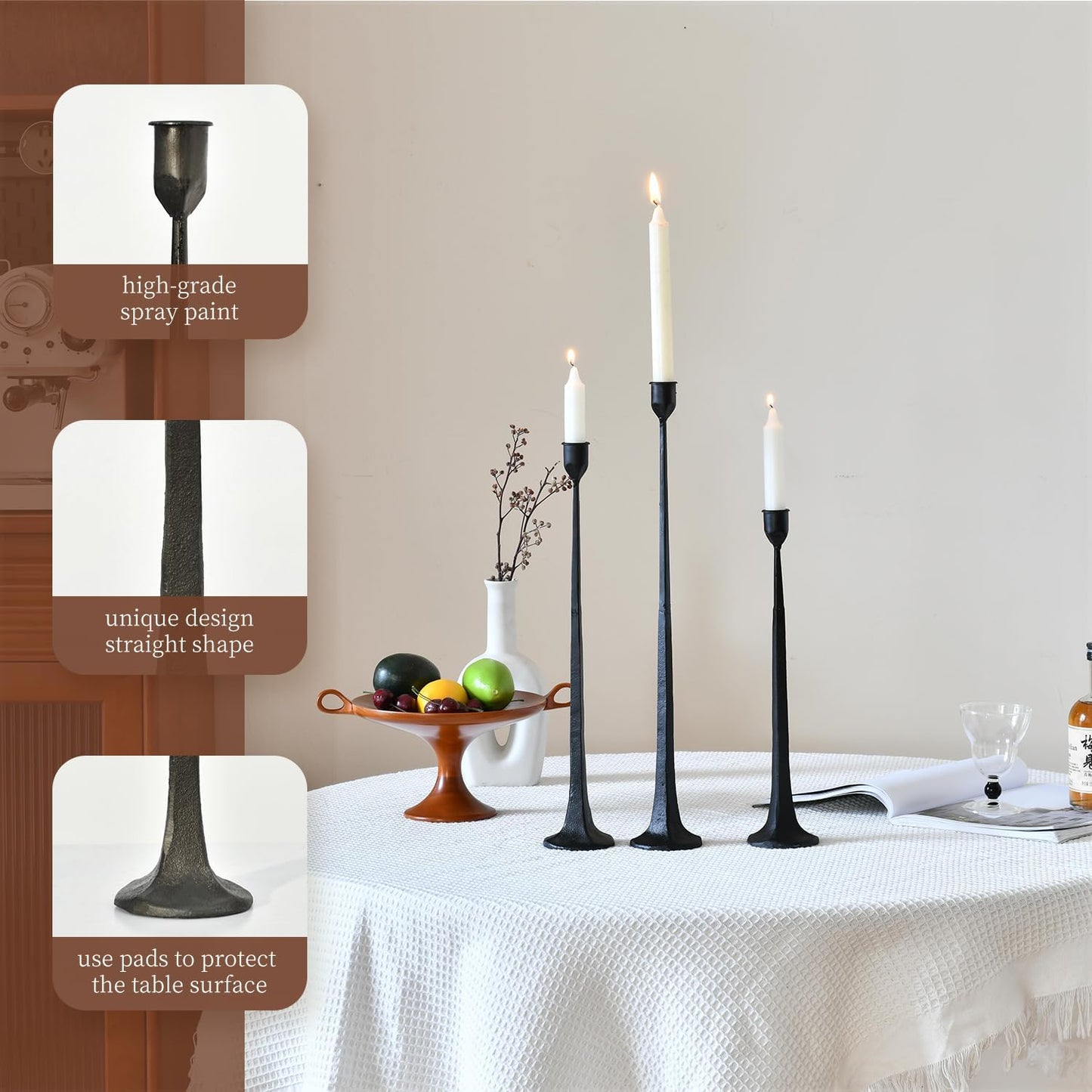 Iron Black Candlestick Holders, Set of 3 Candle Stick Holders,Fits 3/4 inch Thick Candle&Led Candles, Vintage Modern Decorative Centerpiece for Dining Table Centerpiece, Wedding, Party Decor