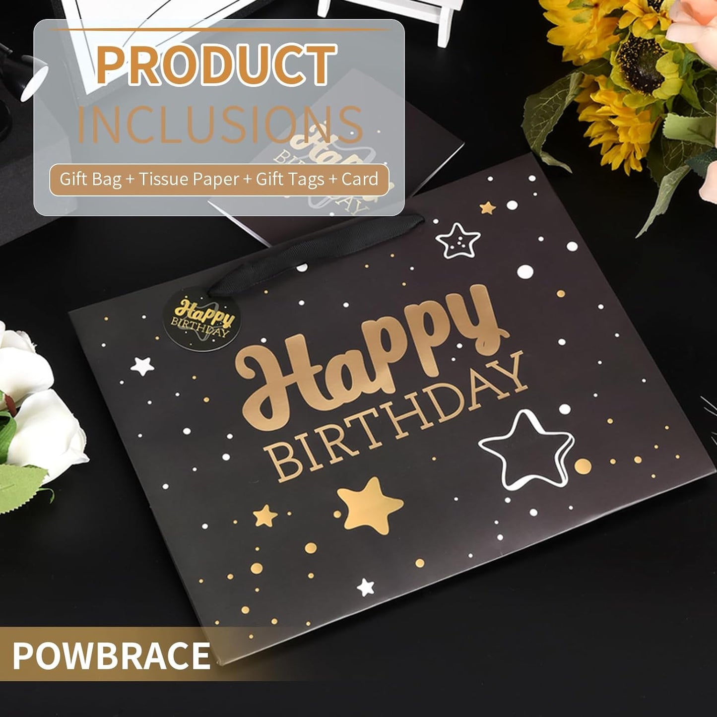 13" Black Happy Birthday Gift Bag with Tissue Paper and Greeting Card for Party,Happy Birthday Gift Bag for Men Fathers, Gift Bags Medium size(1 PCS Black, Attach Dad Cards)