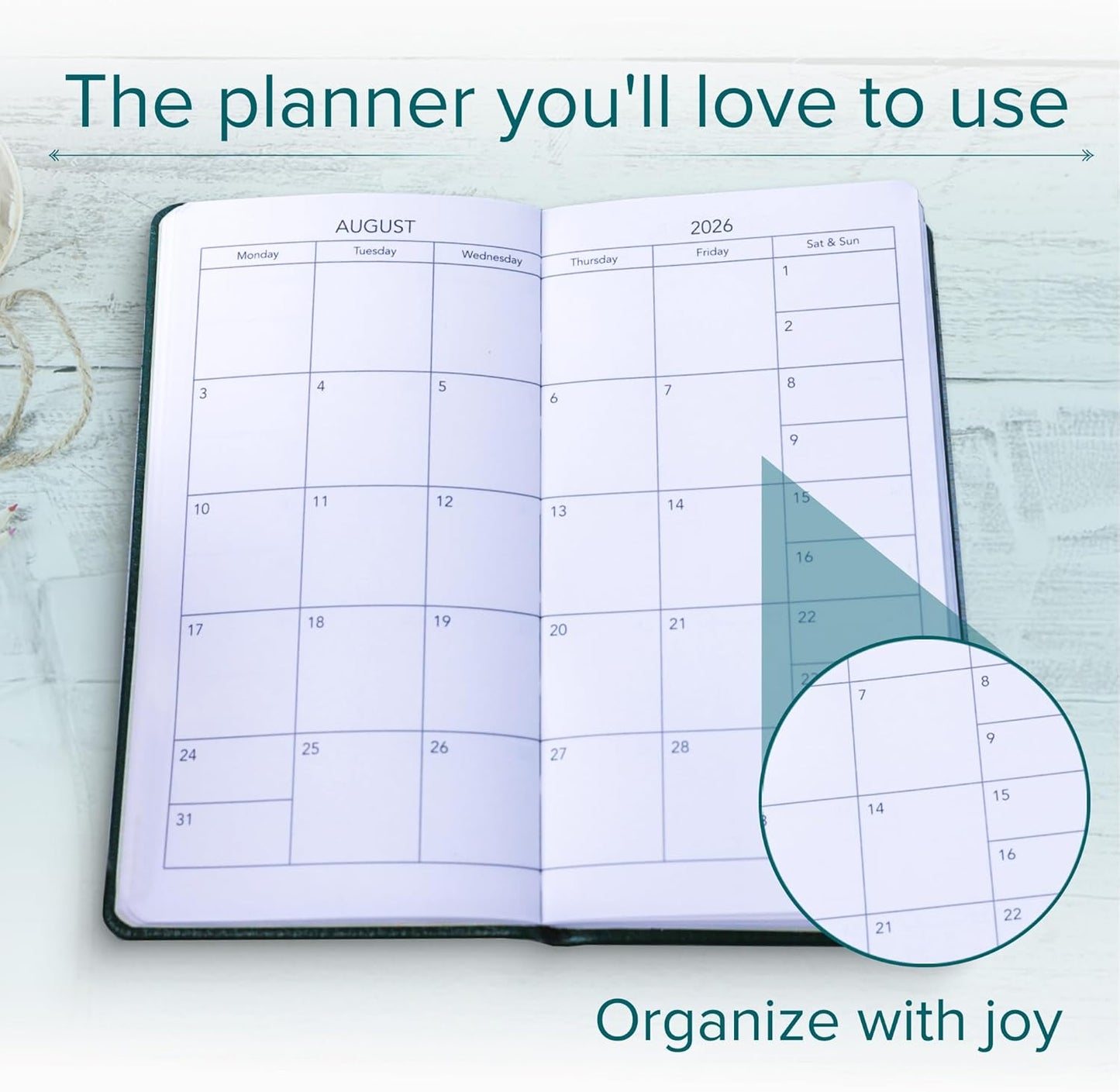 Harbor Pocket Weekly Monthly Planner 2025-2026 - Calendar Planner and Notebook, Durable Faux Leather, 192 Pages, Softcover & Book Bound - Cambridge Jade - 6 x 3.25 "