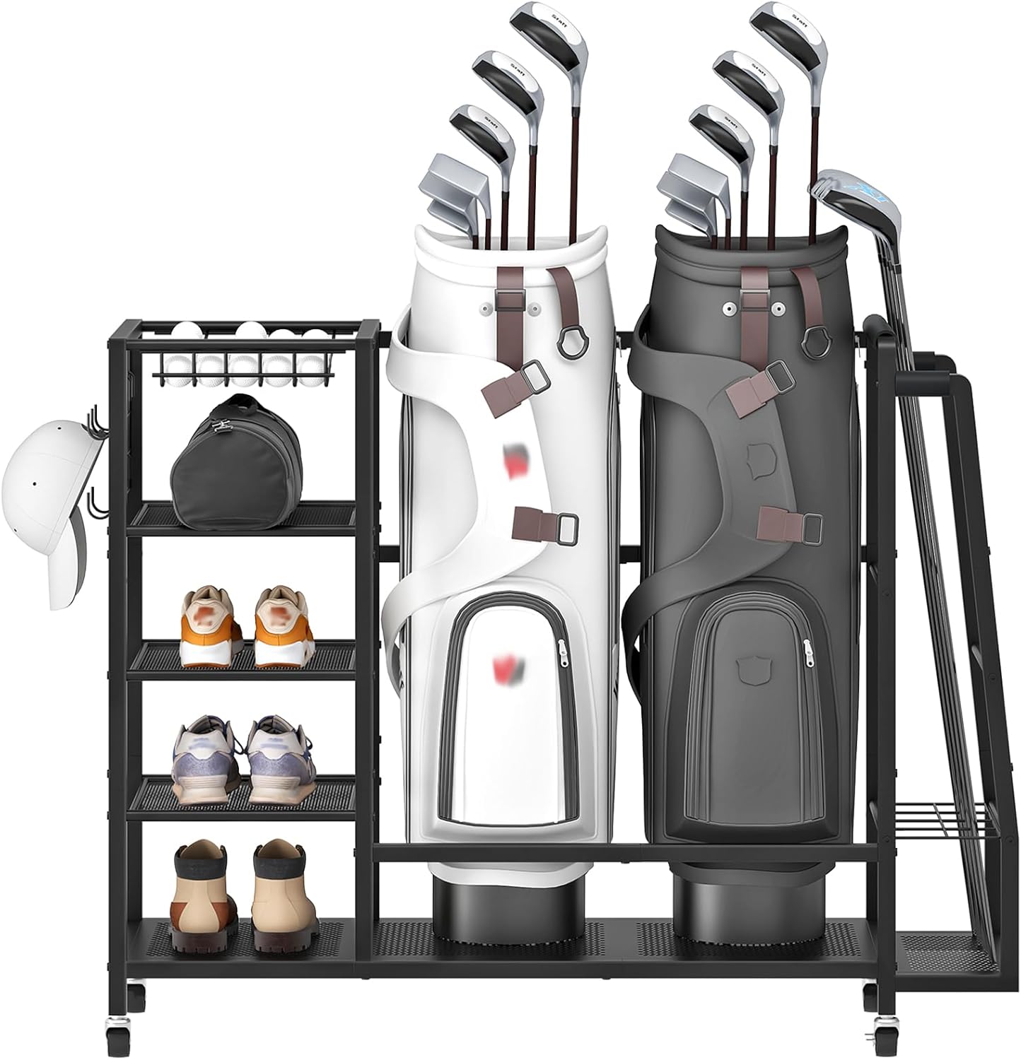 HOOBRO Golf Bag Storage Garage Organizer, Golf Bag Storage Stand Fits 2 Golf Bags and Golf Equipment Rack with Wheels, Extra Storage Rack for Garage, Club, Basement, Black BK49CJ01
