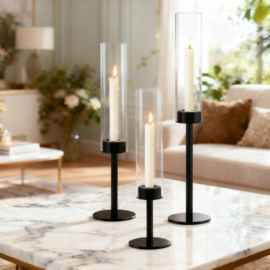 Black Taper Candle Holder Set with Glass Hurricane – Modern Candlestick Holders for Dining Room, Premium Gift Set for Wedding, Fall Centerpieces for Tables, Warmly Gift for Home Decor, Christmas Decor