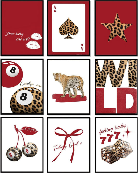 9Pcs Trendy Red Leopard Wall Art Prints Funky Lucky 8 Ball Posters Preppy Cheetah Aesthetic Wall Decor Pictures Girly Bedroom Apartment Dorm Unframed 8x10in