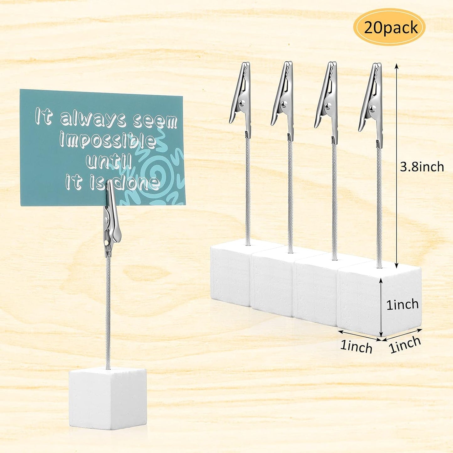 20 Pcs Cube Base Memo Clip Holder with Alligator Clip Wood Table Number Holder Cube Base Place Card Stand Mini Photo Menu Stand for Displaying Number Card(White)