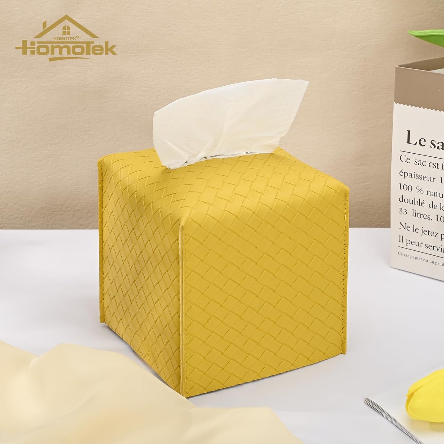 HOMOTEK 2 Pack Tissue Box Cover, Square PU Leather Tissue Holder, Decorative Facial Tissue Cube Paper Organizer Dispenser for Bathroom, Night Stands, Desk, Car 5X5X5'' - Woven Waffle,Mango Yellow