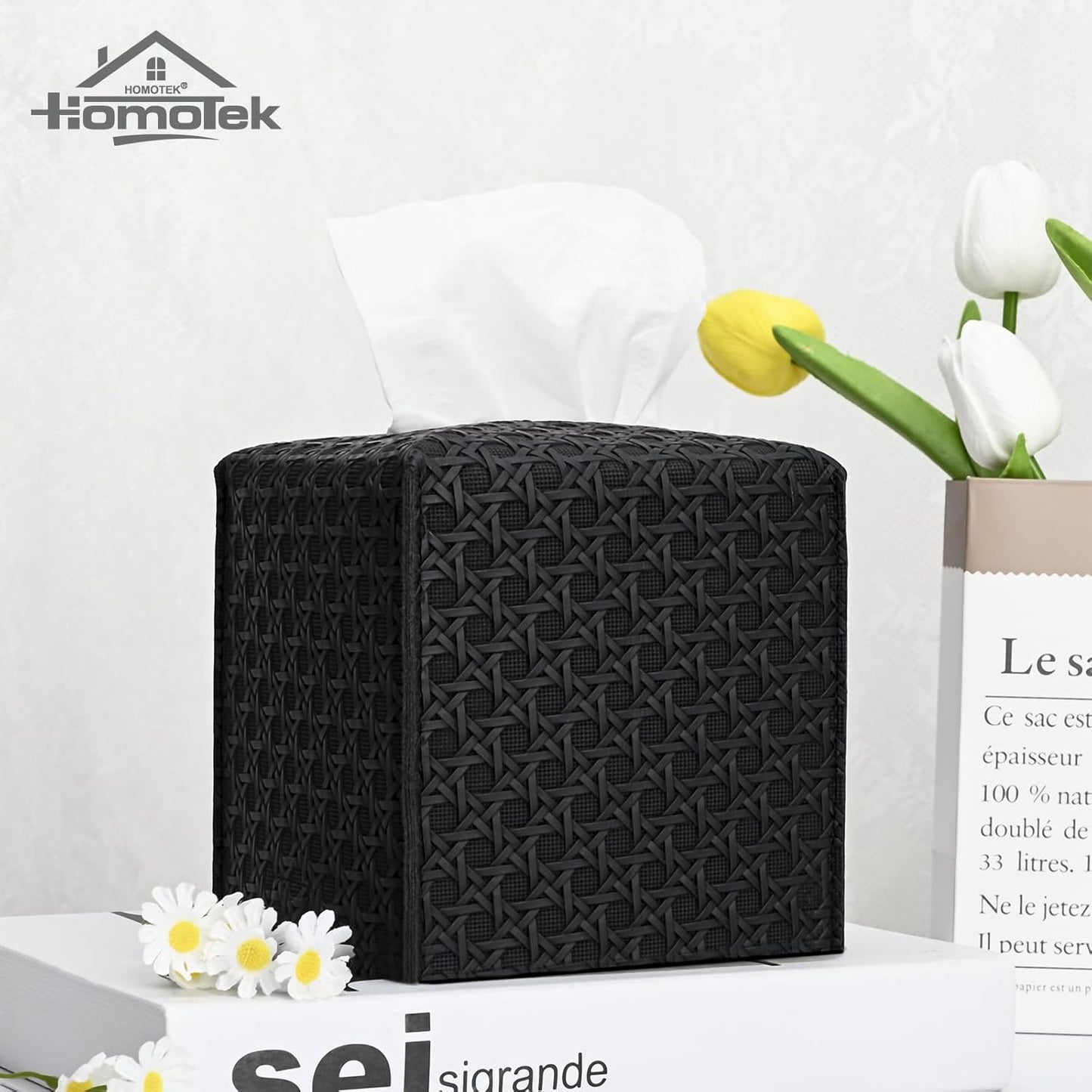 HOMOTEK 2 Pack Tissue Box Cover, Square PU Leather Tissue Holder, Decorative Facial Tissue Cube Paper Organizer Dispenser for Bathroom, Night Stands, Desk, Car 5X5X5'' - Rattan Weave,Dark Black