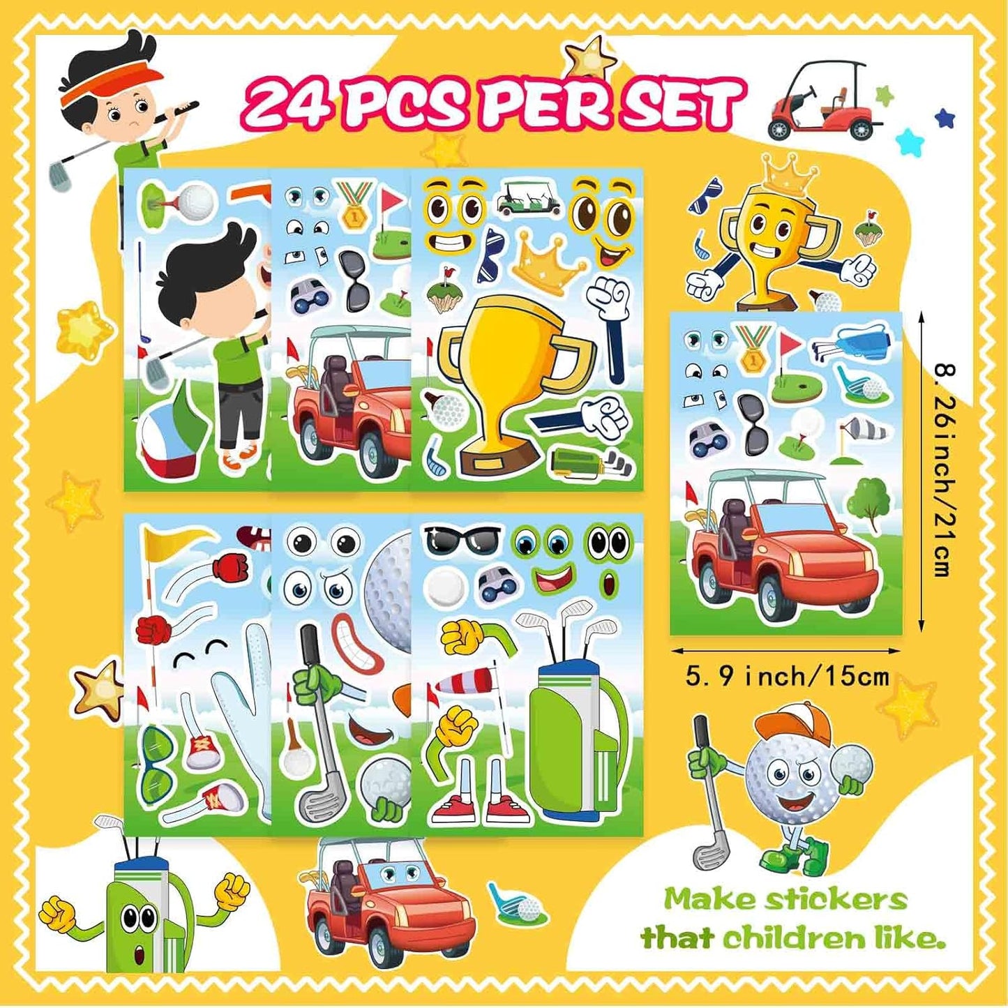 24 Sheets Make Your Own Golf Theme Stickers, Make-a-face Stickers Sport Sticker Party Favors Boys Girls Gifts Classroom School Supplies Decorations