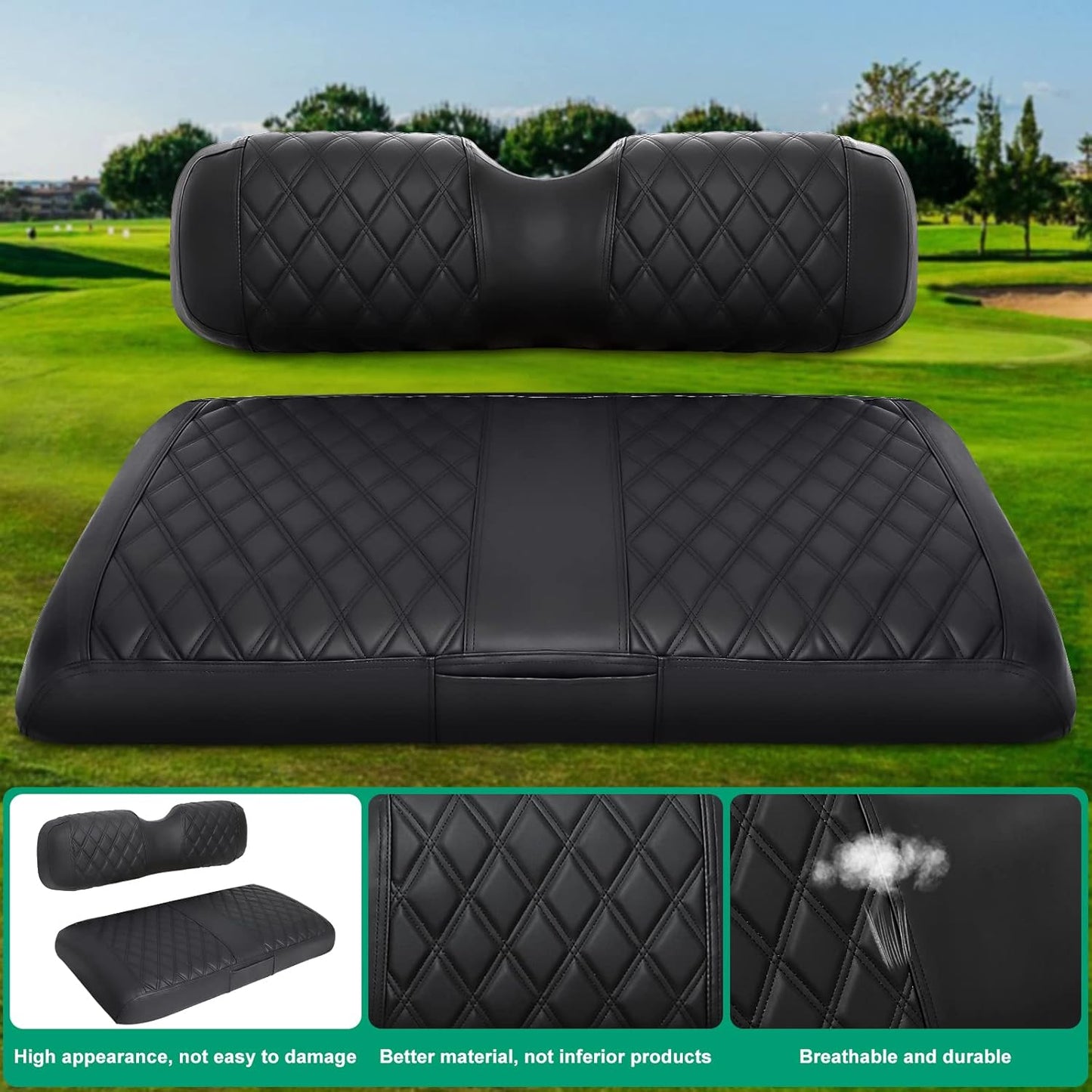 iLSKW Golf Cart Seat Cover for EZGO TXT/RXV Front Seat, PVC Thick Leather Universal Luxuary Feeling Shape Keep Seat Warm & Clean, Bench Seat Covers Breathable Washable Detachable