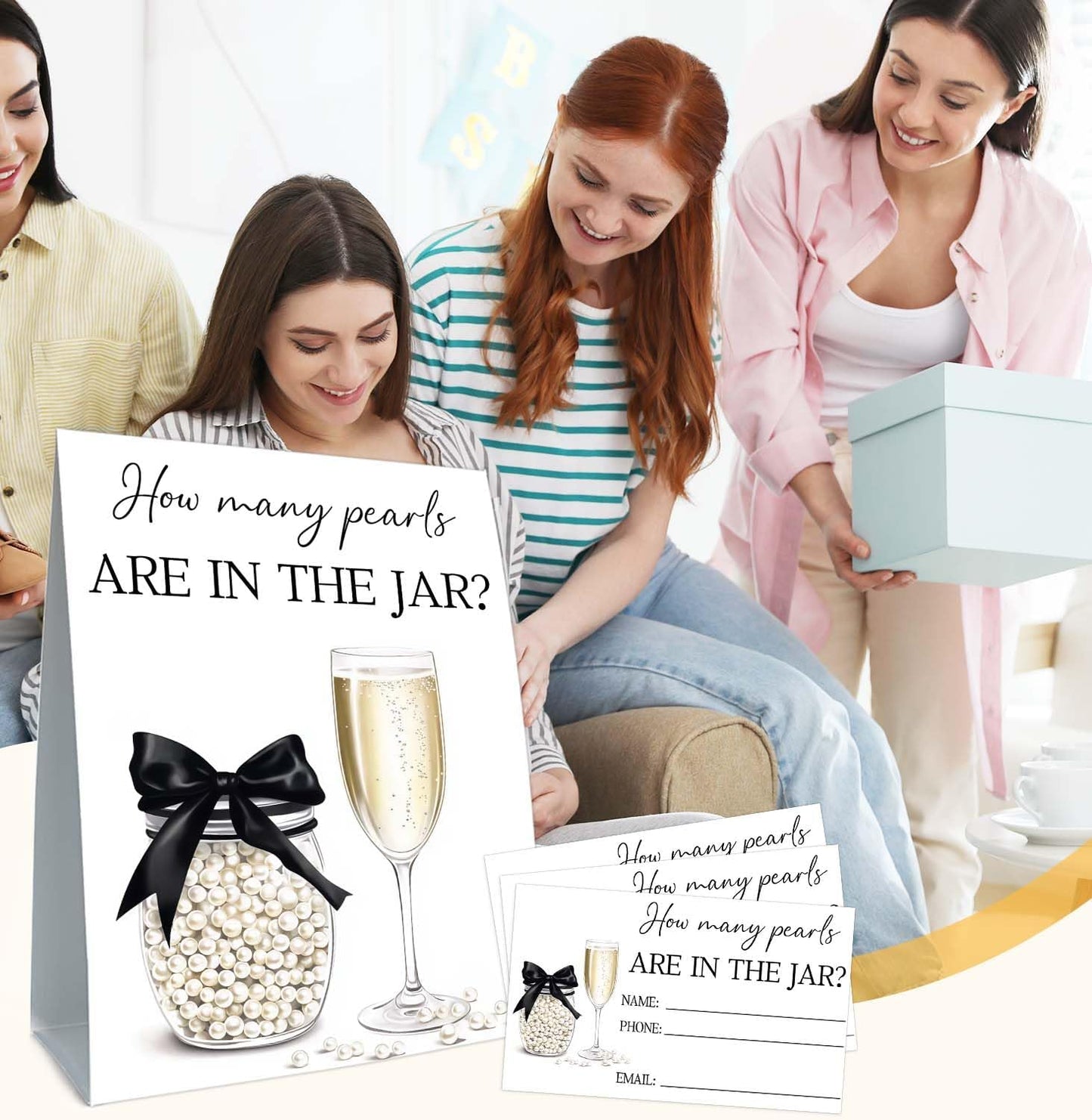 Guess How Many Cards, Bridal Shower Decorations, Guess How Many Pearls Are in the Jar, Party Games & Activities, 50 Cards and Sign