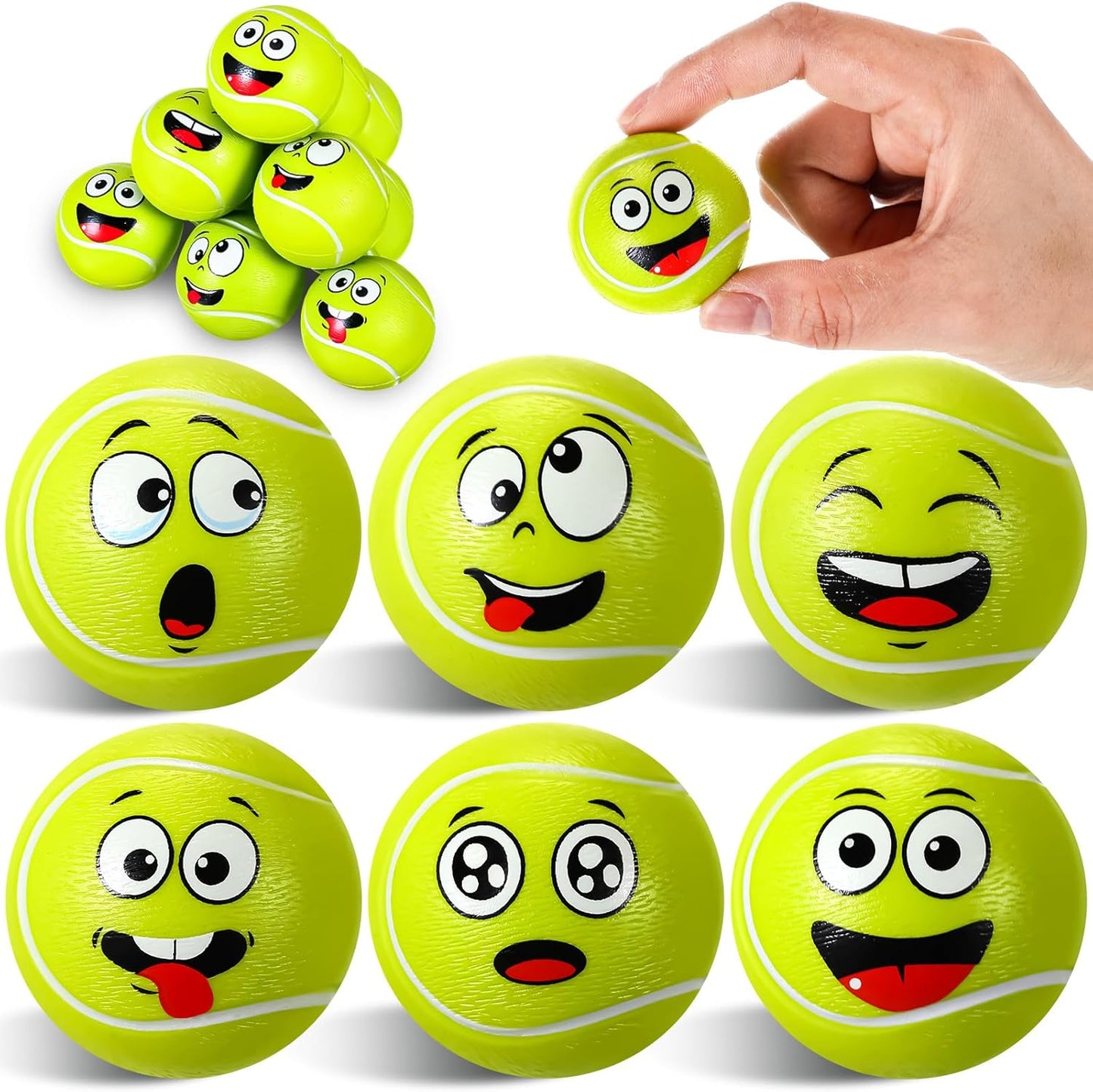 12 Pcs Mini Face Stress Balls for Boys Girls Sport Funny Face Squeeze Foam Balls for Stress and Anxiety Relief for Party Favors Birthday Gift Decoration(Tennis)