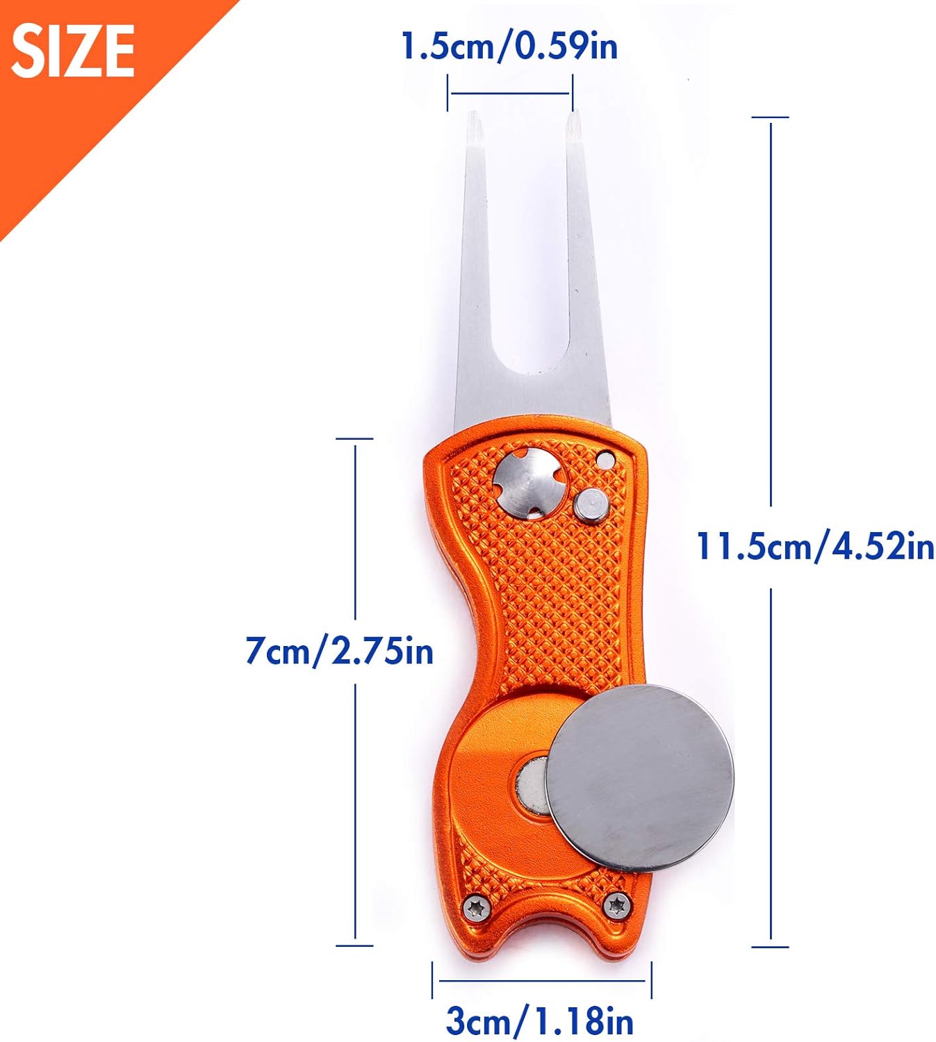 2 Pack Metal Foldable Golf Divot Tool with Pop-up Button & Magnetic Ball Marker (Pack of 2, Fish Design)