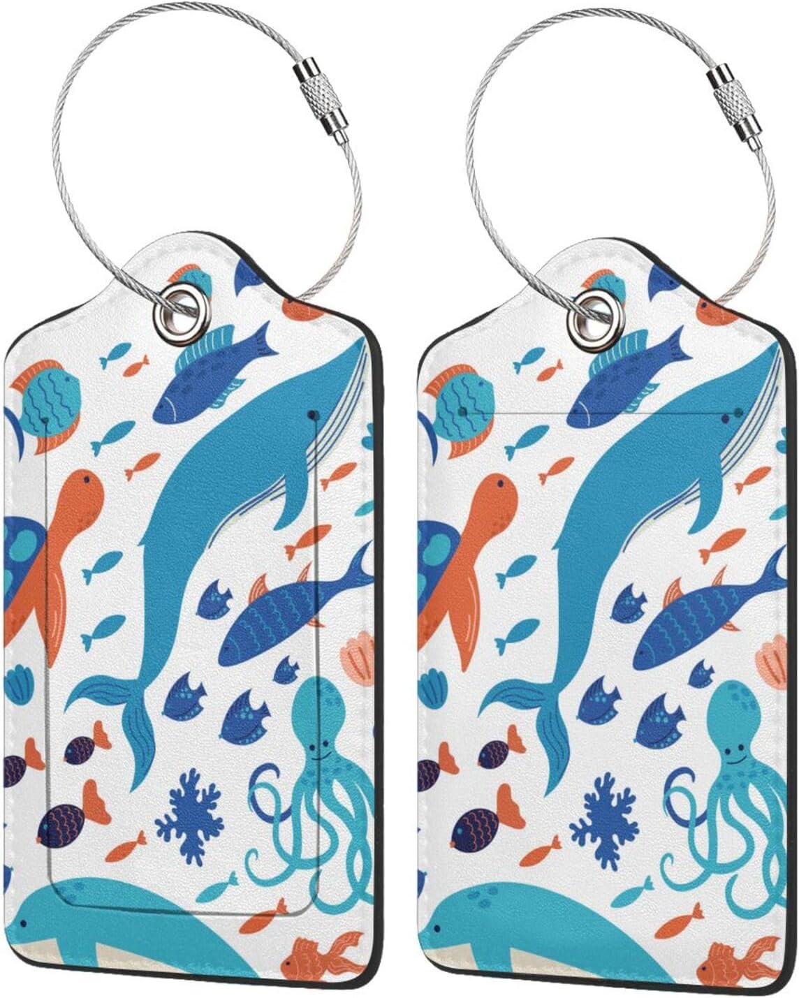 2 Pcs Underwater Ocean Sea of Animals Luggage Tags for Suitcases, Graffiti on Drawn of Marine Creatures Tags Birthday Gifts for Men Women Boy Girl Kid