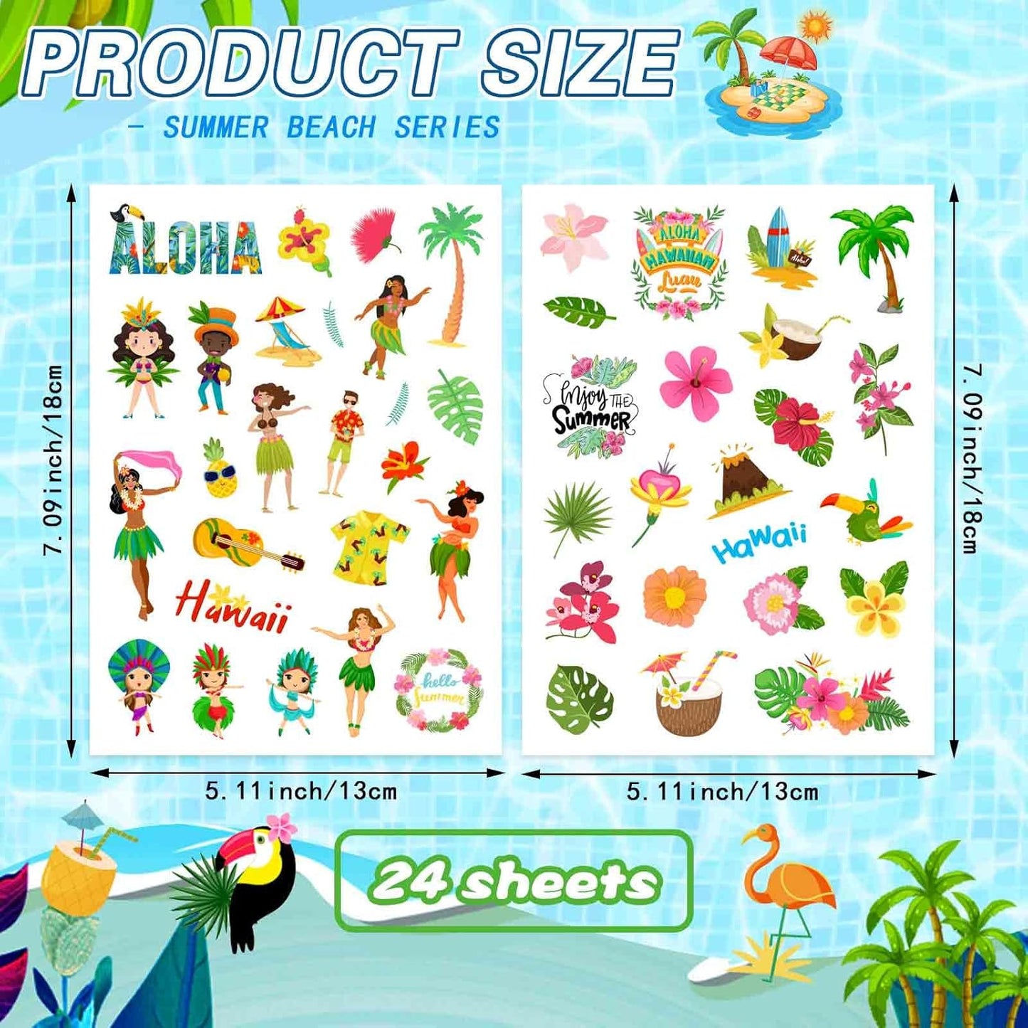 24 Sheets Summer Pool Beach Stickers Luau Hawaii Sun Stickers Sea Beach Watermelon Beer Ice Cream Pineapple Sticker for Hawaii Tropical Decoration Sticker Summer Holiday Party Favors