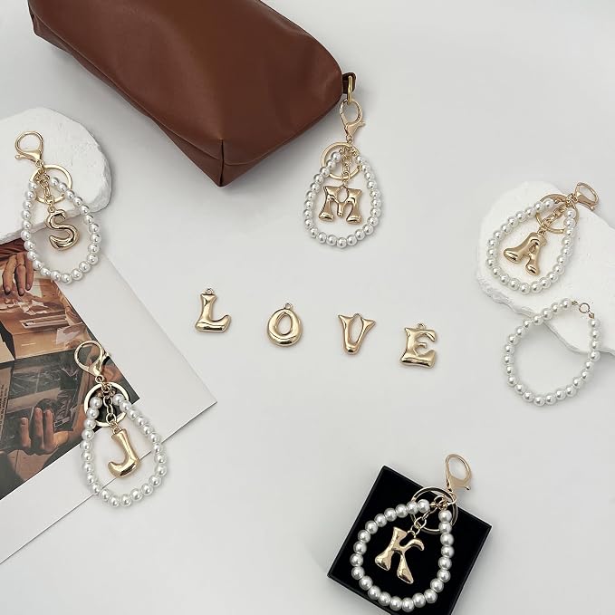 Gold Bubble Heart, Bow & More Designs Letter Initial Keychain Bag Charms – Cute - Image 4
