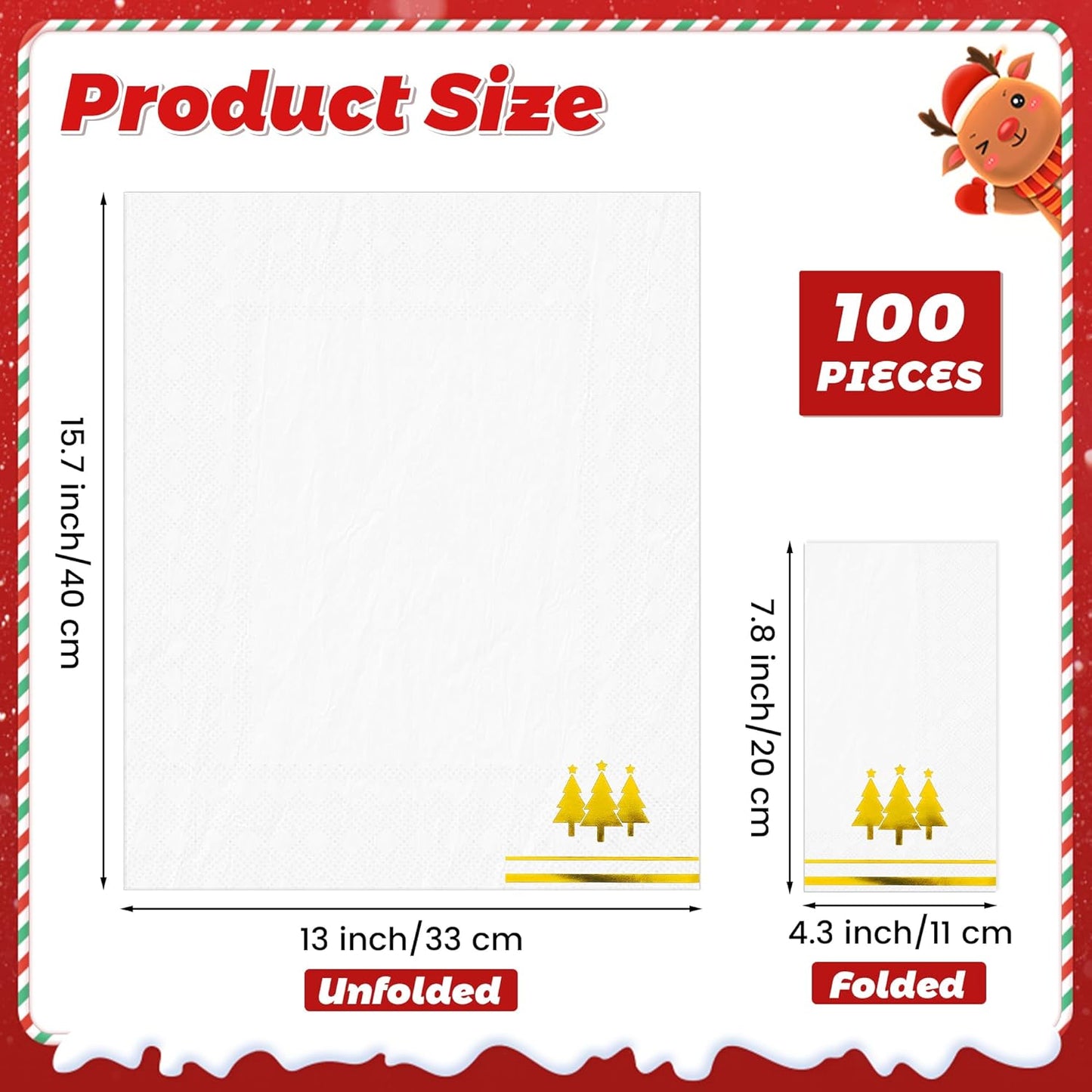 100 Pieces Christmas Napkins Disposable Christmas Gold Paper Napkins 7.8 x 4.3 Inch Decorative Guest Party Napkin White Gold Foil Xmas Tree Hand Towels for Winter Party Wedding Birthday