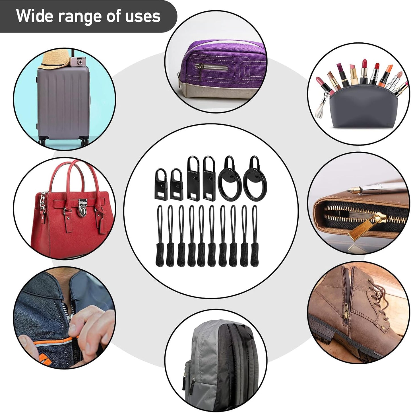 16 PCS Zipper Pull Tab Replacement Metal Handle Fixer，Zipper Tag Cord Pull Extension for Backpack Jacket Handbag