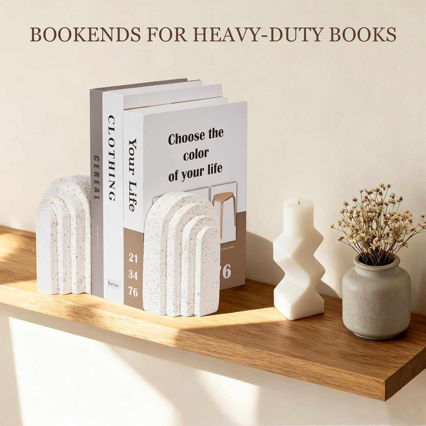 Heavy Duty Book Ends for Shelves Set of 2, Morden Decorative Bookends for Heavy Book, Aesthetic Resin Decor Book Stoppers, White Book End for Home Office Decorative