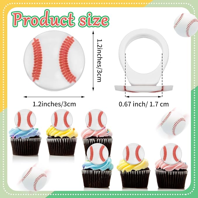Honeydak 48 Pcs Baseball Cupcake Rings Toppers Decoration Sport Ball Theme - Image 2