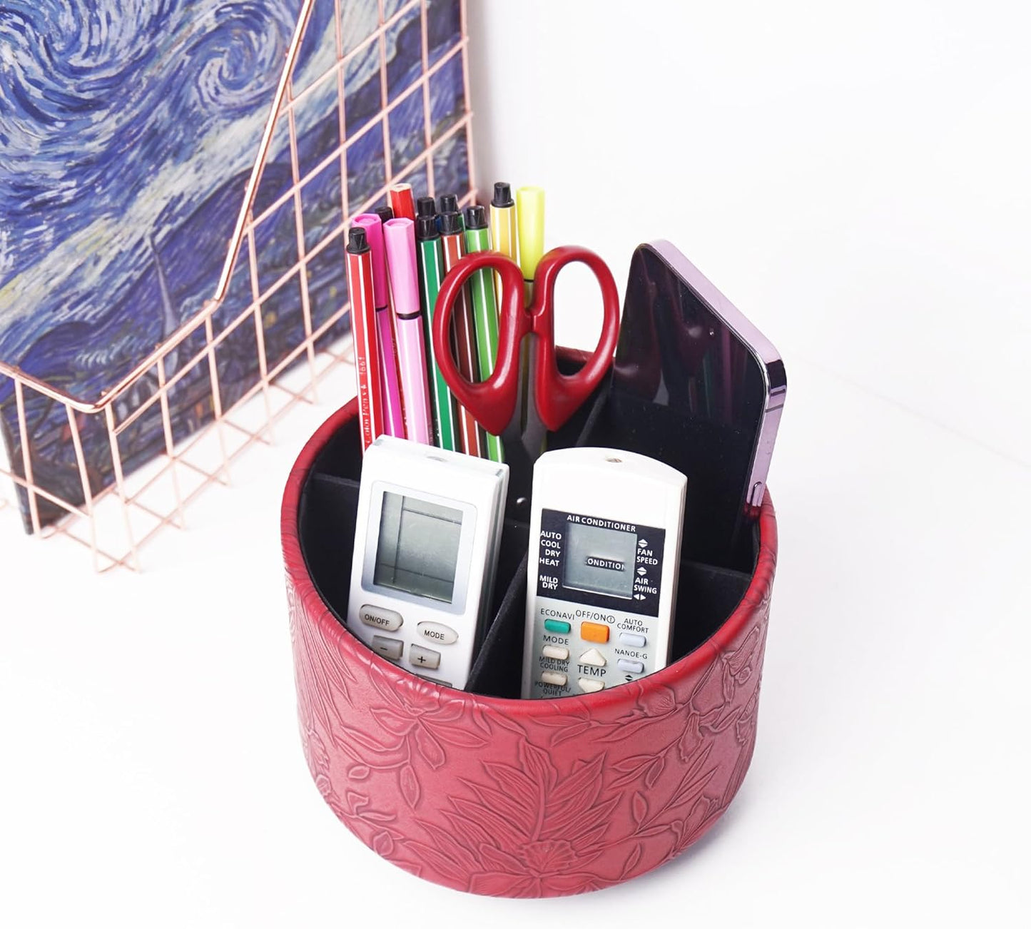 Hennaja Round Leather Art Supply Organizer,Remote Control Holder,360 Degree Spinning,Multi-Functional Pencil Holder,4 Compartments Desktop Stationary Organizer(1-Carved Red)