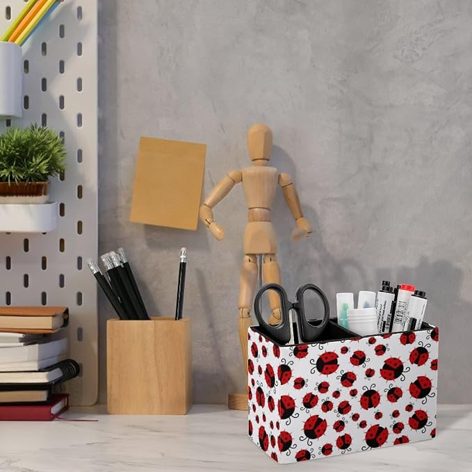 Pen Holder, Pencil Holder for Desk Organizer, Summer Red Ladybugs PU Leather - Image 6