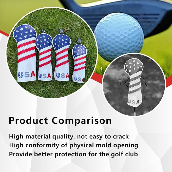 Golf American Style Head Cover Golf Club Blue and White Leather Headcovers Set - Image 7