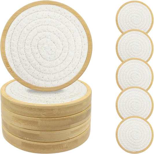Bamboo Coasters for Drinks, Absorbent Coaster Sets of 5, Woven Drink Coasters for Coffee Table, Housewarming Gift for Farmhouse Home Decor,4 inches (White Series)