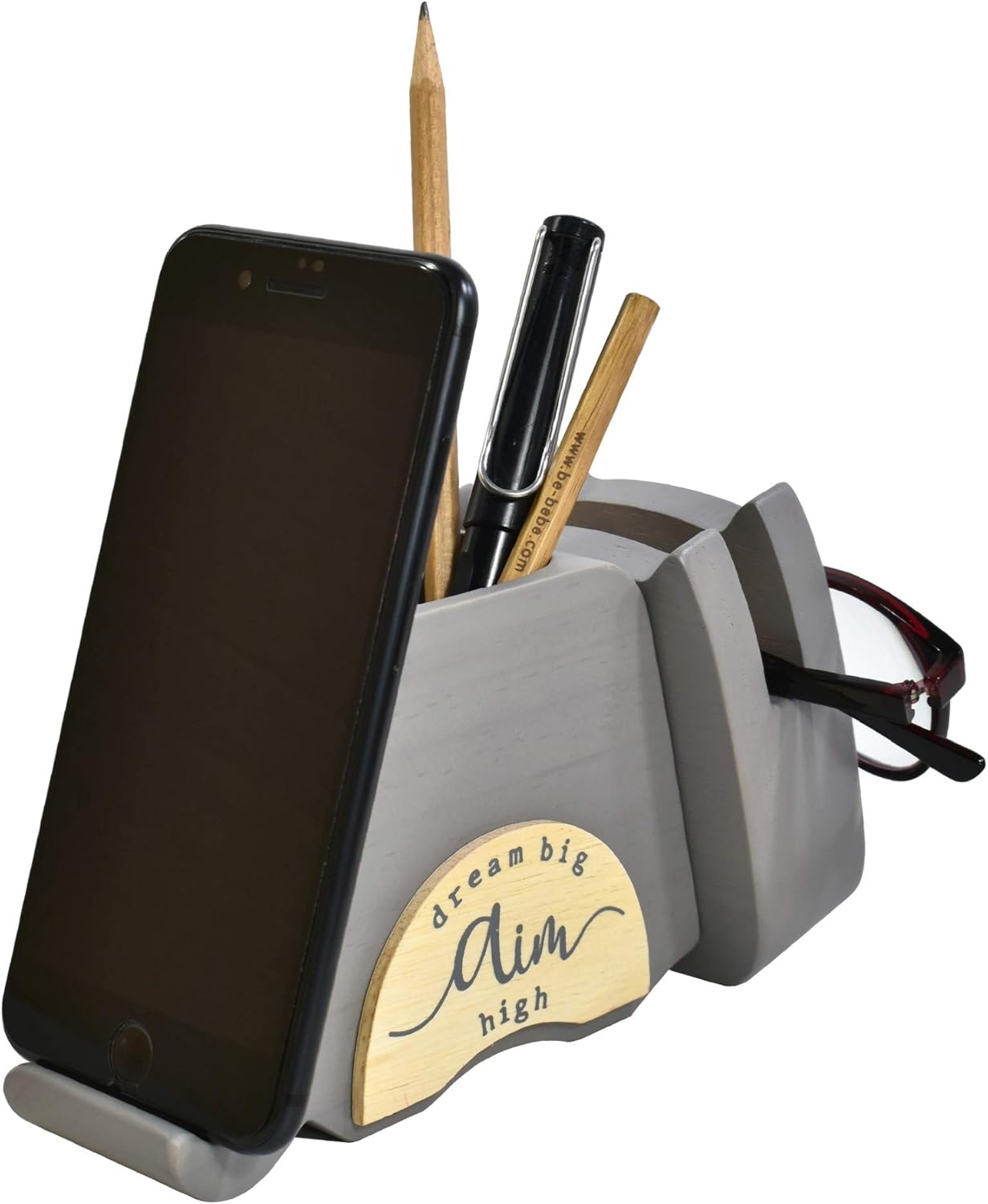 I'm Wood Multipurpose Eyeglass Phone Pen & Pencil Holder Stand Stationery Desk Organizer Accessories, For Home Office Desktop Decor Birthday Graduation Gifts “Dream Big Aim High” (Cat)