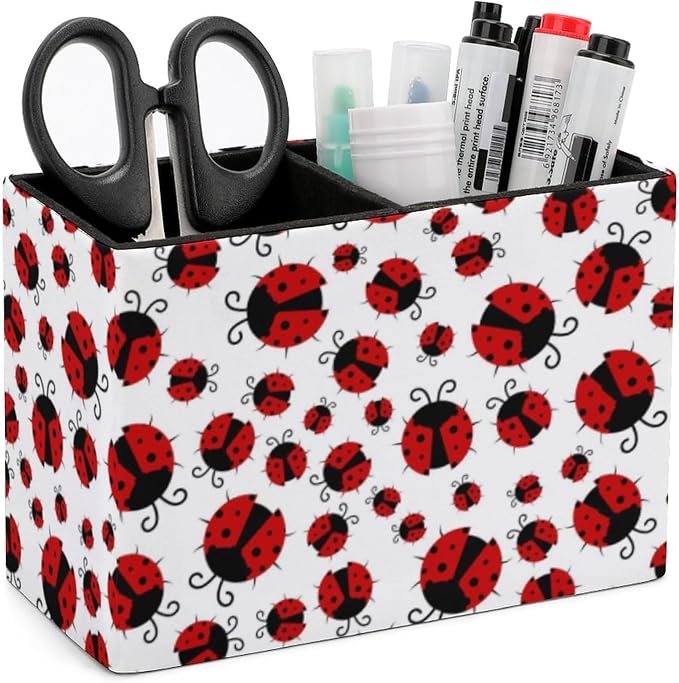 Pen Holder, Pencil Holder for Desk Organizer, Summer Red Ladybugs PU Leather by Quteprint