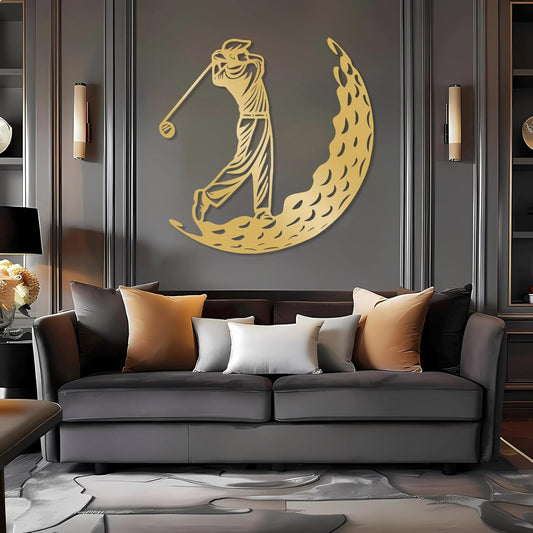 Golf Metal Wall Art, Golfer Metal Wall Decor, Golf Ball Wall Decor, Sports Wall Art, Sports Theme Wall Decor, Gift for Golf Player, Gift For Father, Home Office Wall Art, Man Cave (Gold, 19"x19"|47x47cm)