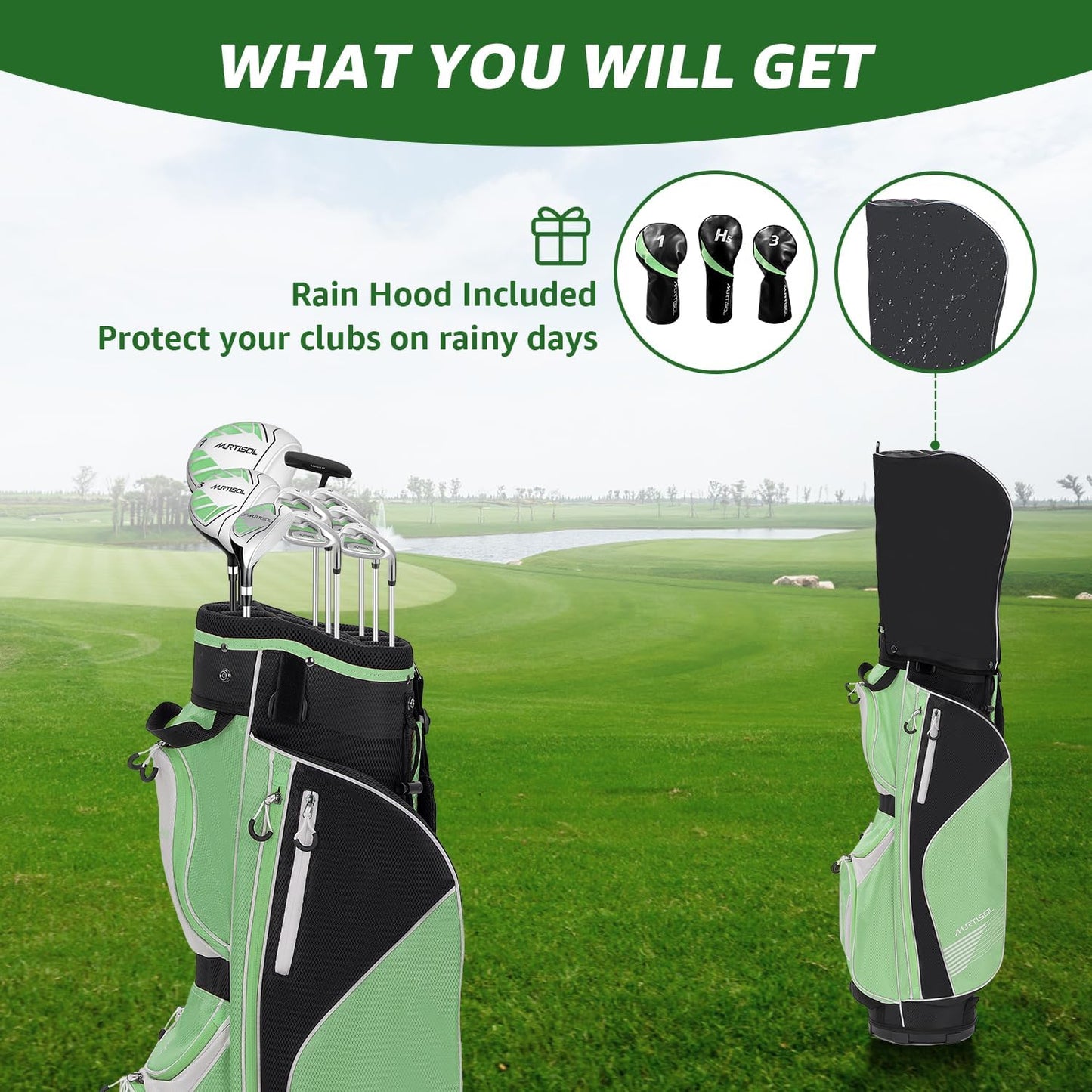 10 Pieces Golf Clubs Full Set Mens Right Hand,Golf Set Includes Stand Bag with Rain Hood, 1#Driver 3#Wood #5 Hybrid,with 3 Head Covers, 6# 7# 8# 9# PW# Irons and Putter