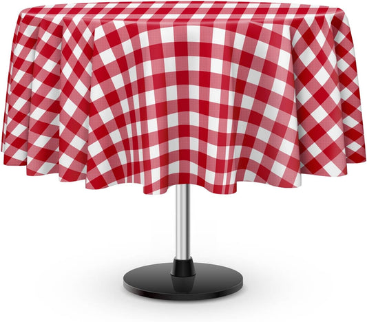3 Pack Red and White Checkered Tablecloth, Round Red Gingham Plastic Table Cloths for Parties Disposable, 84x84 in Waterproof Camping Tablecloth for Birthday Party Baby Shower Picnic School