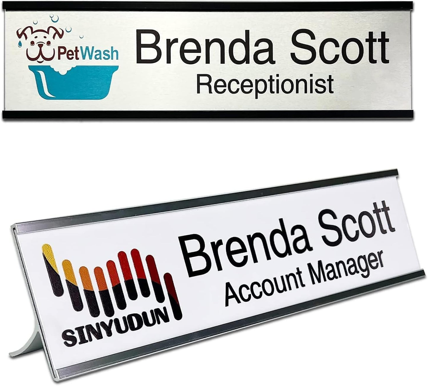 2" x 8" Personalized Aluminum Name Plates, Custom Office Desk or Wall Name Plates, Can Add Logo Image and Texts, Two Colors Silver, White, Holders are Optional (Custom Image+Text)