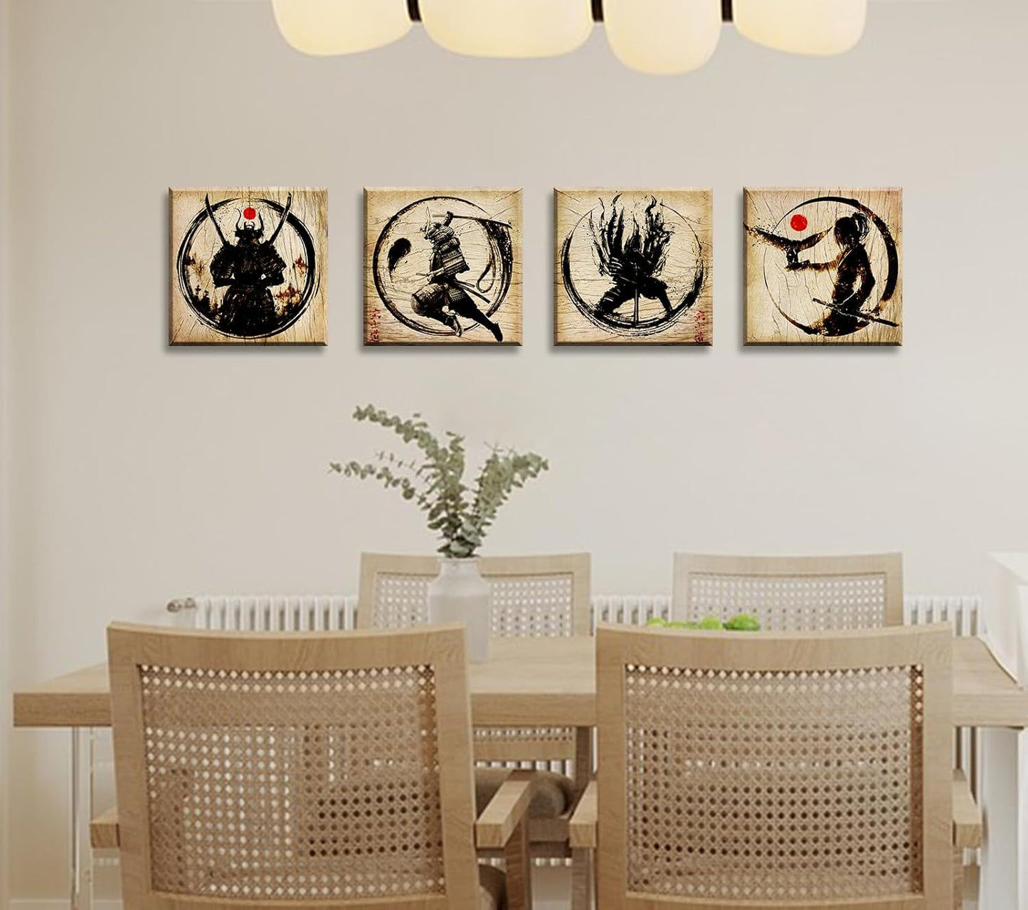 Japanese Decor Wall Art Retro Japanese Armored Samurai Painting Anime Posters Canvas Pictures Office Vintage Black Asian Modern Living Room Bedroom Artwork Framed Ready to Hang 12"X12"X4 Panels