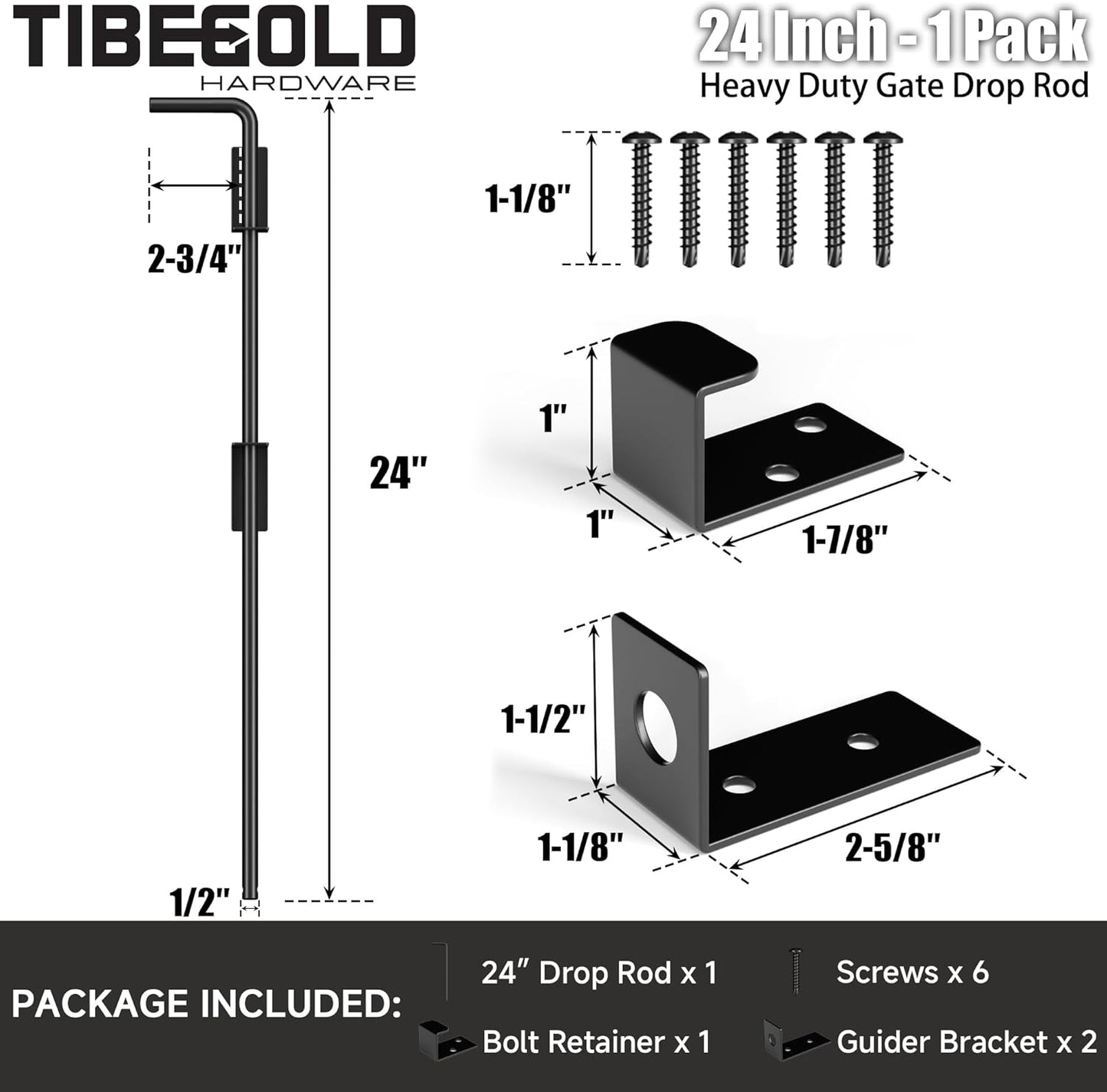 24" Heavy Duty Cane Bolt Gate Drop Rod, Extra Thick Gate Ground Latch Hardware for Wood PVC Vinyl Metal Fences Gates, Wrought Iron Doors Stopper Gate Latches, Black Finish, 1 Pack