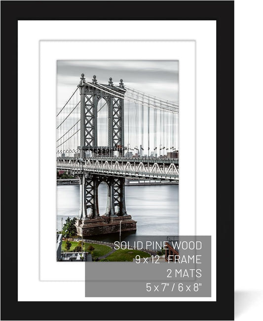 9x12 Picture Frames Solid Wood Display Pictures 6x8 or 5x7 with Mat or 9x12 Frame without Mat Poster Photo Frame Art with 2 Mats for Wall Mounting or Table Top(Black)