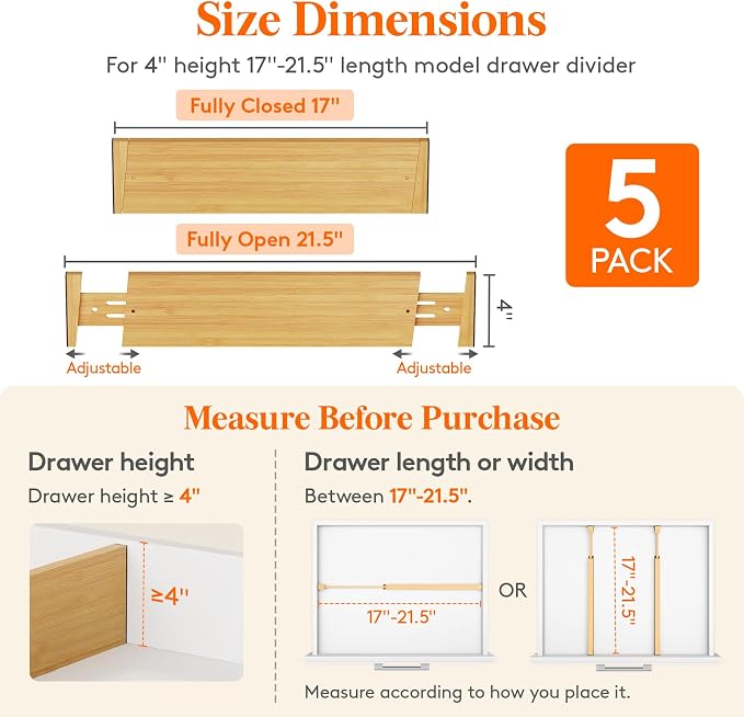 Lifewit 5 Pack 4" High Bamboo Drawer Dividers, 17-21.5" Adjustable Drawer - Image 2