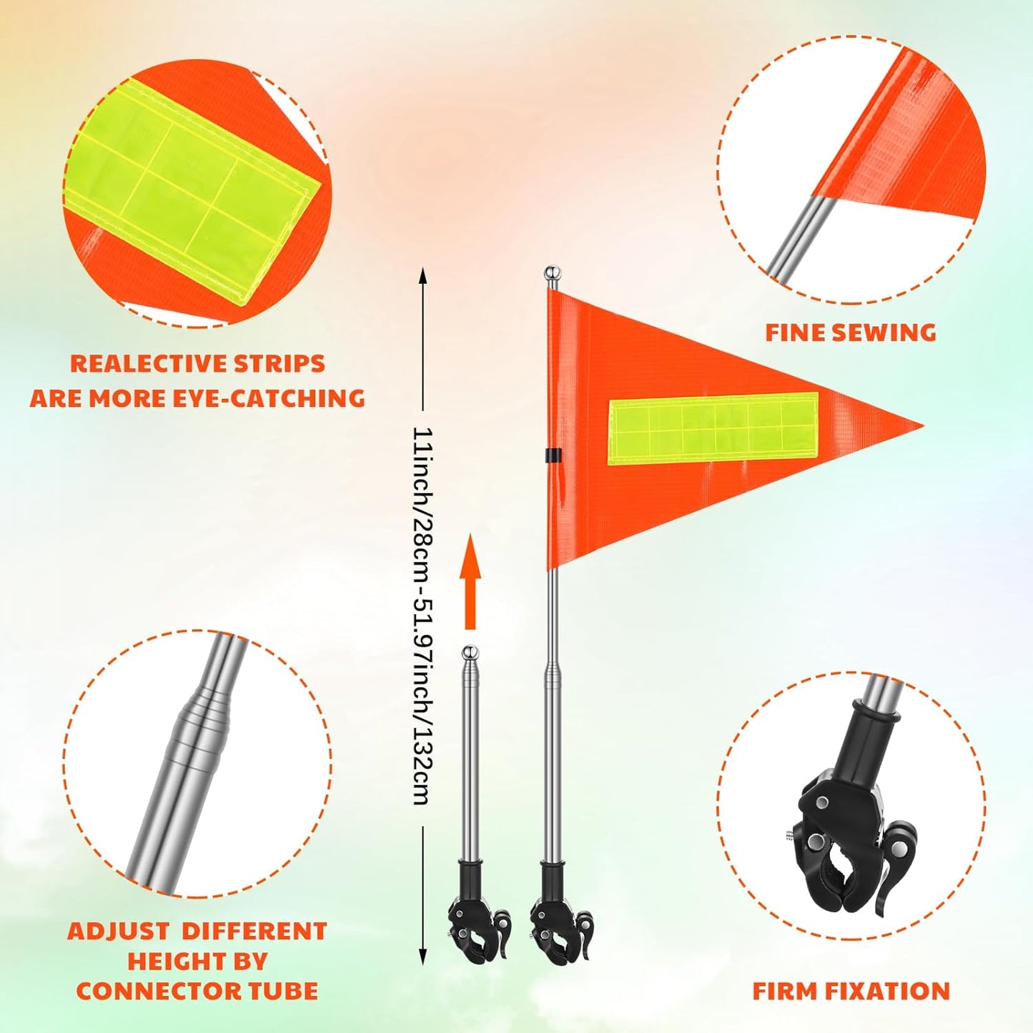 Hicarer 2 Set Reflective Golf Cart Flag Pole Kit Golf Cart Flag Holder Accessories Orange Safety Mount with Reflective Stripe Adjustable Height Flagpole Wheelchairs
