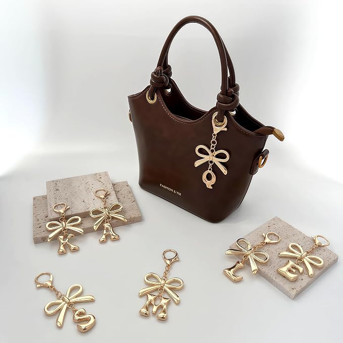 Gold Bubble Heart, Bow & More Designs Letter Initial Keychain Bag Charms – Cute - Image 2