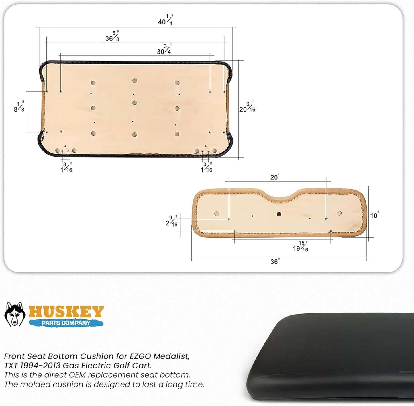 Huskey Parts Company Golf Cart Seat Cushion, Black Color Front Bottom Seat for EZGO Medalist, TXT 1994 to 2013, Golf Cart Front Seat Replacement with Mounting Hardware & Hinges
