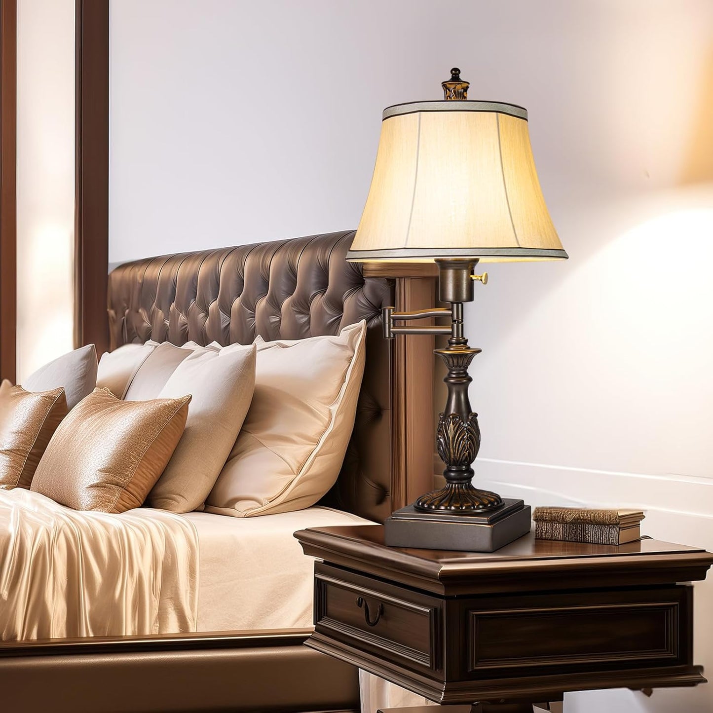 23.5" High Rustic Traditional 350° Adjustable Swing Arm Table Lamp Set of 2 with USB A+C Ports Brown Finish Cream Shade Vintage Nightstand lamp for Living Room Bedroom Office (Bulb Included)