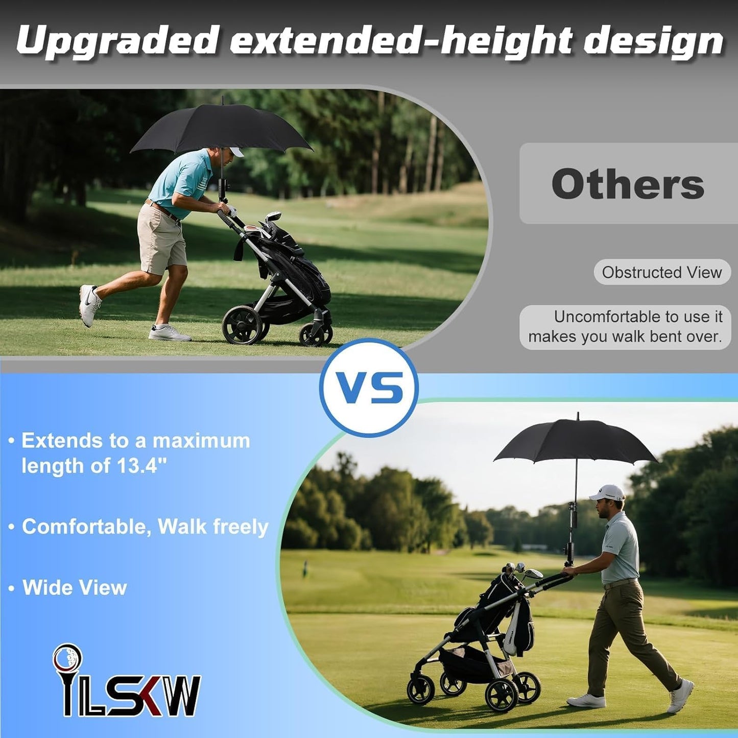 iLSKW Heavy Duty Golf Push Cart Umbrella Holder Upgraded Strong Windproof Design Aluminium Alloy Base with 180 Degrees Adjustment Stroller Umbrella Holder for Mobility Scooter, Wheelchair, Wagon Cart