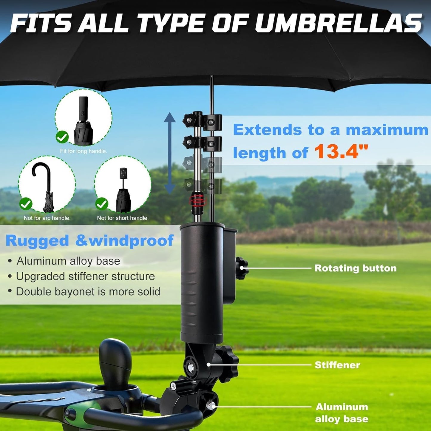 iLSKW Heavy Duty Golf Push Cart Umbrella Holder Upgraded Strong Windproof Design Aluminium Alloy Base with 180 Degrees Adjustment Stroller Umbrella Holder for Mobility Scooter, Wheelchair, Wagon Cart