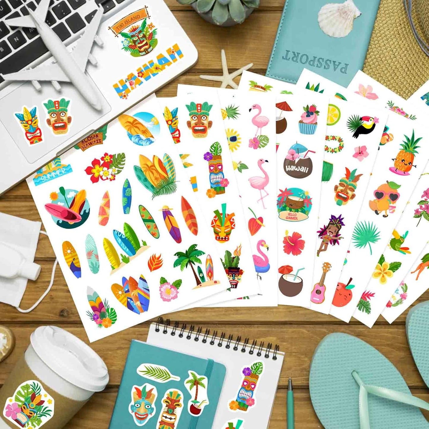24 Sheets Summer Pool Beach Stickers Luau Hawaii Sun Stickers Sea Beach Watermelon Beer Ice Cream Pineapple Sticker for Hawaii Tropical Decoration Sticker Summer Holiday Party Favors