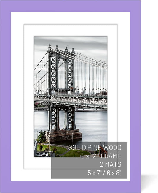 9x12 Picture Frames - Solid Wood Frame for 6x8 or 5x7 Photos with or without Mats for Wall Mounting or Table Display (Purple)
