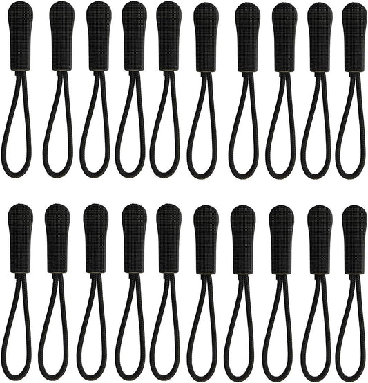 20PCS Replacement Zipper Pulls Zip Cord Puller Slider for Bags Tent Clothes (Black)