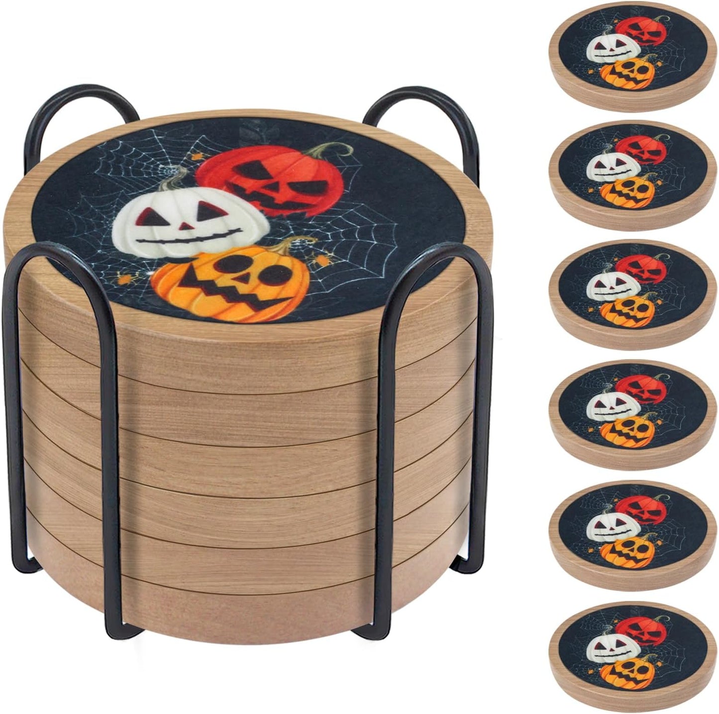 Halloween Coasters Set of 6, Pumpkins Coaster, Minacun Black Absorbent Coasters with Holder Halloween Thanksgiving Themed Party Decoration 4.3 Inch